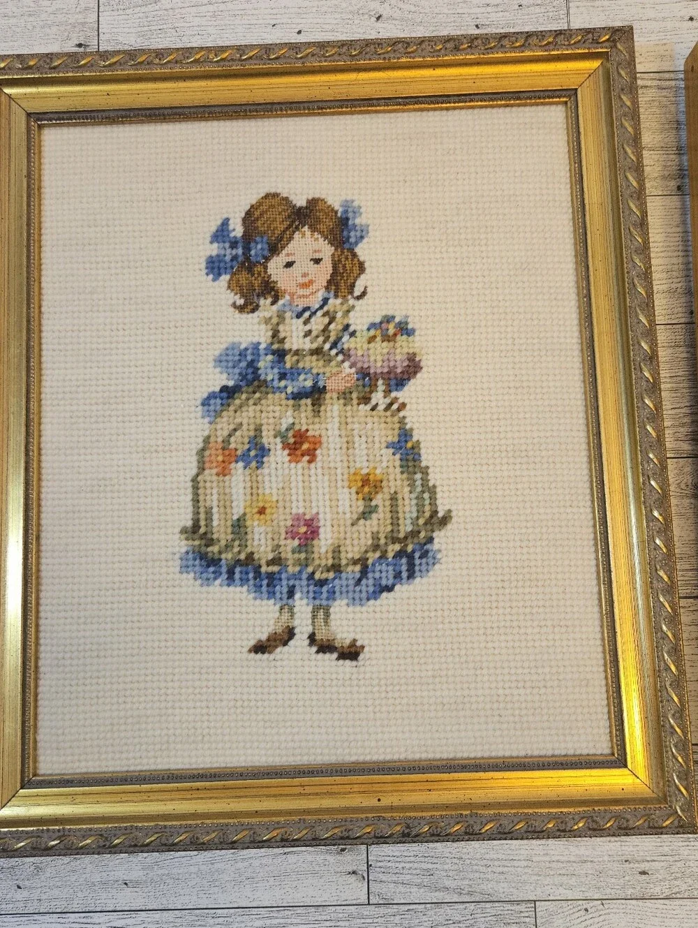 Pair Of Framed Vintage Needlepoint Girls In Floral Dress Grandmacore *No Glass